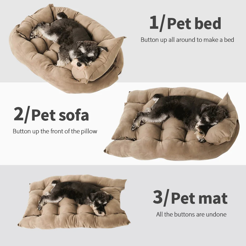 3-in-1 Multifunktions-Hunde- und Katzenbett, weiche Baumwolle, wandelbare Haustiermatte, braun