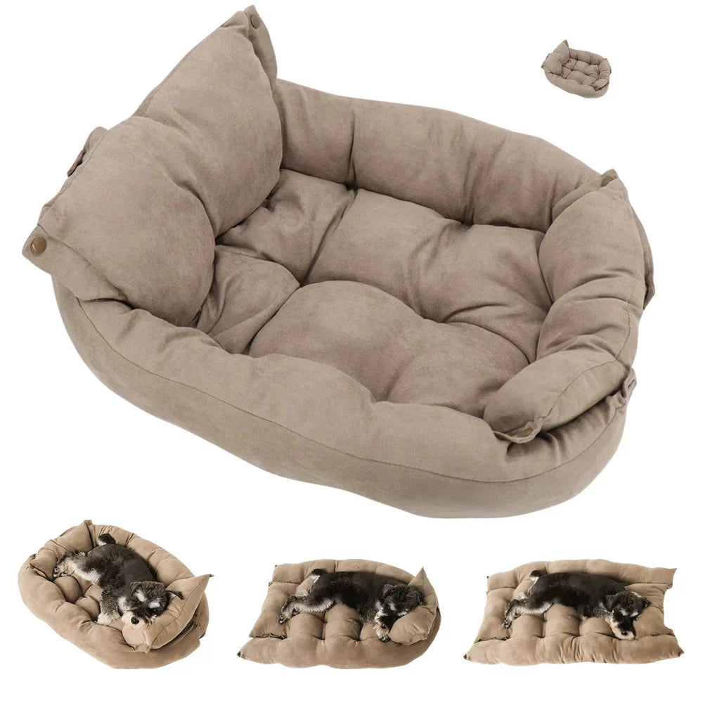3-in-1 Multifunktions-Hunde- und Katzenbett, weiche Baumwolle, wandelbare Haustiermatte, braun